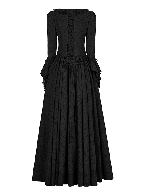Victoria Rose Pattern Black Square Neck Gothic Hidden Zipper Elegant Large Hem Lace Maxi Dress