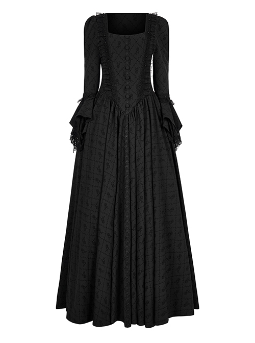 Victoria Rose Pattern Black Square Neck Gothic Hidden Zipper Elegant Large Hem Lace Maxi Dress