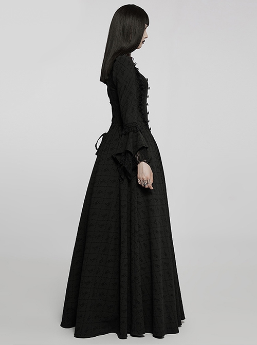 Victoria Rose Pattern Black Square Neck Gothic Hidden Zipper Elegant Large Hem Lace Maxi Dress