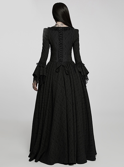 Victoria Rose Pattern Black Square Neck Gothic Hidden Zipper Elegant Large Hem Lace Maxi Dress