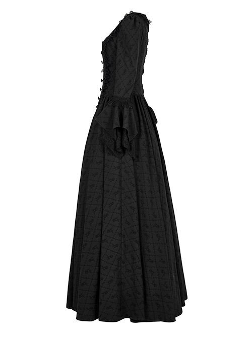 Victoria Rose Pattern Black Square Neck Gothic Hidden Zipper Elegant Large Hem Lace Maxi Dress