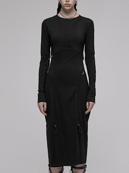 Dark Punk Style Stretch Cotton Fabric Rope Design Multi Wearing Ways Long Sleeve Dress