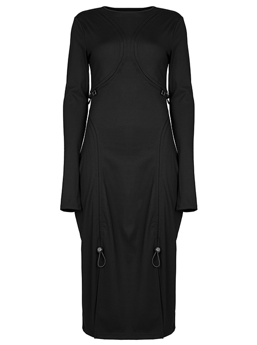 Dark Punk Style Stretch Cotton Fabric Rope Design Multi Wearing Ways Long Sleeve Dress