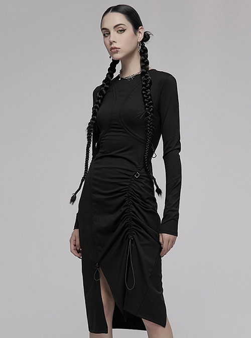 Dark Punk Style Stretch Cotton Fabric Rope Design Multi Wearing Ways Long Sleeve Dress