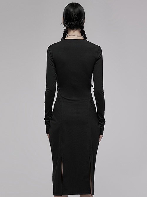 Dark Punk Style Stretch Cotton Fabric Rope Design Multi Wearing Ways Long Sleeve Dress