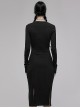 Dark Punk Style Stretch Cotton Fabric Rope Design Multi Wearing Ways Long Sleeve Dress