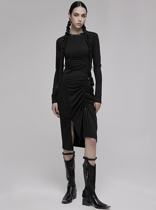 Dark Punk Style Stretch Cotton Fabric Rope Design Multi Wearing Ways Long Sleeve Dress