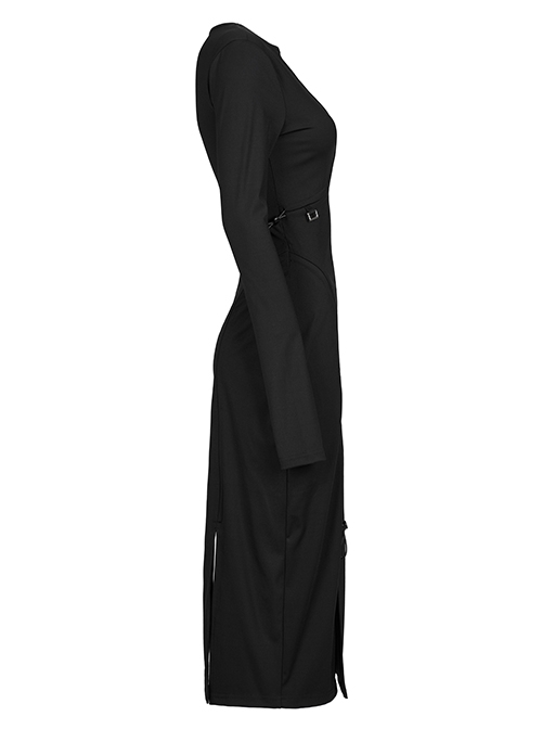 Dark Punk Style Stretch Cotton Fabric Rope Design Multi Wearing Ways Long Sleeve Dress