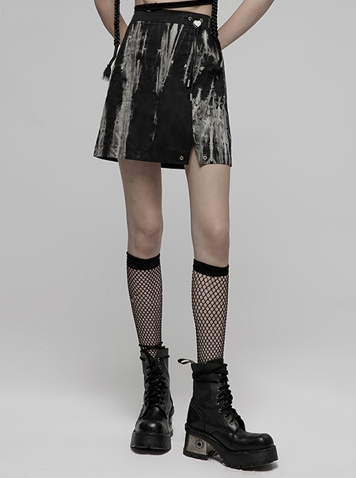 Hem Side Slit Design Cute Metal Heart Buckle Decoration Tie-Dyed A-Line Short Skirt