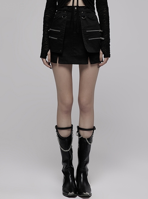 Heavy Industrial Punk Hem Slit Design Multi-Pocket Zipper Trim Sexy Mini Skirt
