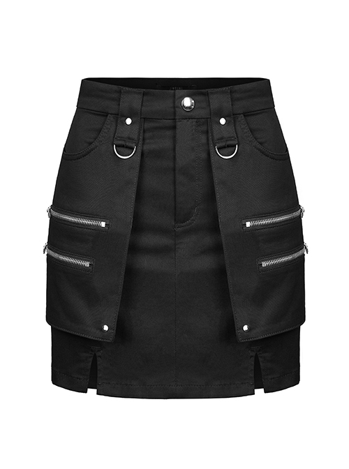 Heavy Industrial Punk Hem Slit Design Multi-Pocket Zipper Trim Sexy Mini Skirt