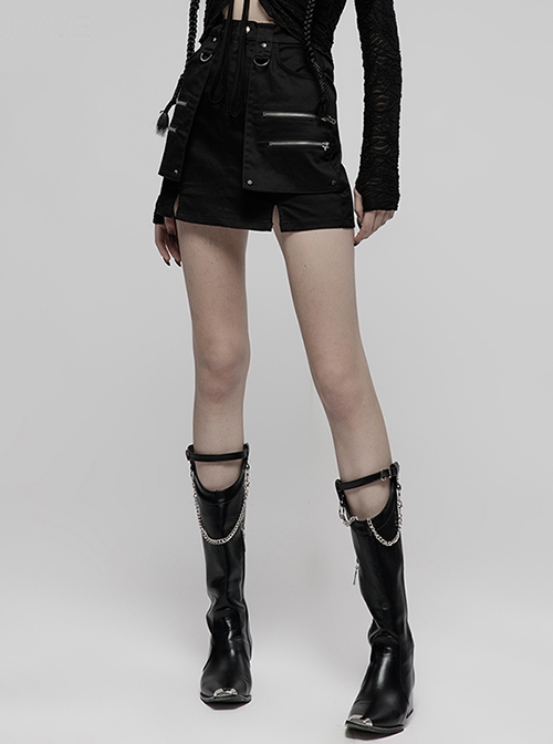 Heavy Industrial Punk Hem Slit Design Multi-Pocket Zipper Trim Sexy Mini Skirt