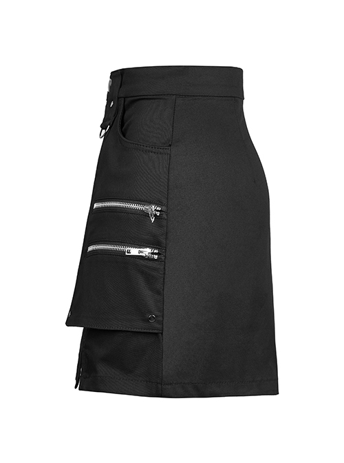 Heavy Industrial Punk Hem Slit Design Multi-Pocket Zipper Trim Sexy Mini Skirt