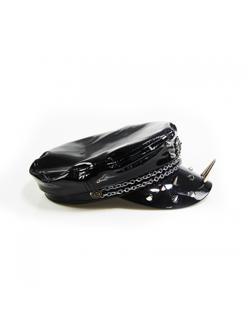 Brand Logo Decorated Black Bright leather Military Uniform Punk Spiked Hat