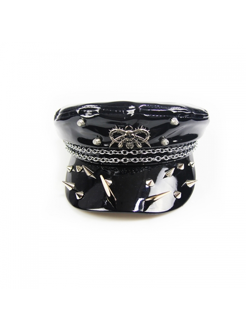 Brand Logo Decorated Black Bright leather Military Uniform Punk Spiked Hat