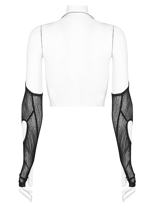Dark Texture Mesh Fabric Dimensional Cut Open Hollow Design Metal Chain Halter Arm Sleeves