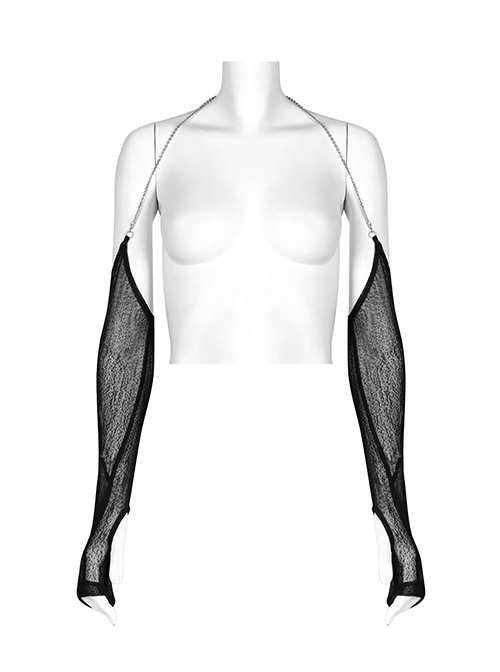 Dark Texture Mesh Fabric Dimensional Cut Open Hollow Design Metal Chain Halter Arm Sleeves