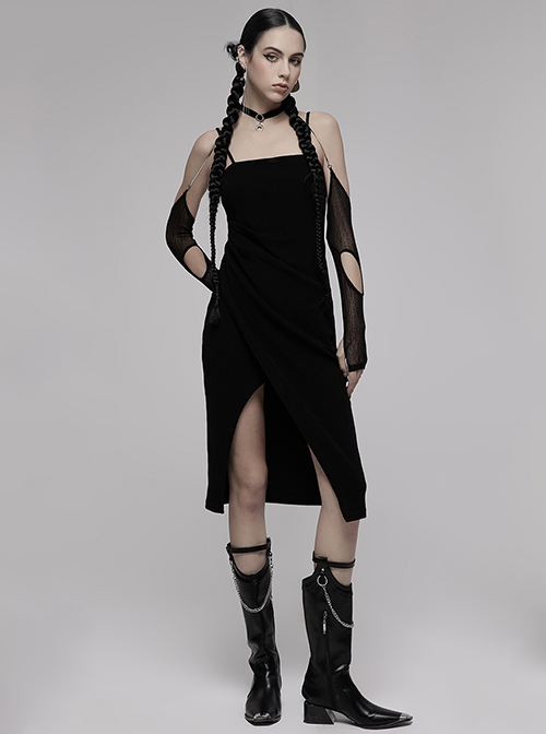 Dark Texture Mesh Fabric Dimensional Cut Open Hollow Design Metal Chain Halter Arm Sleeves