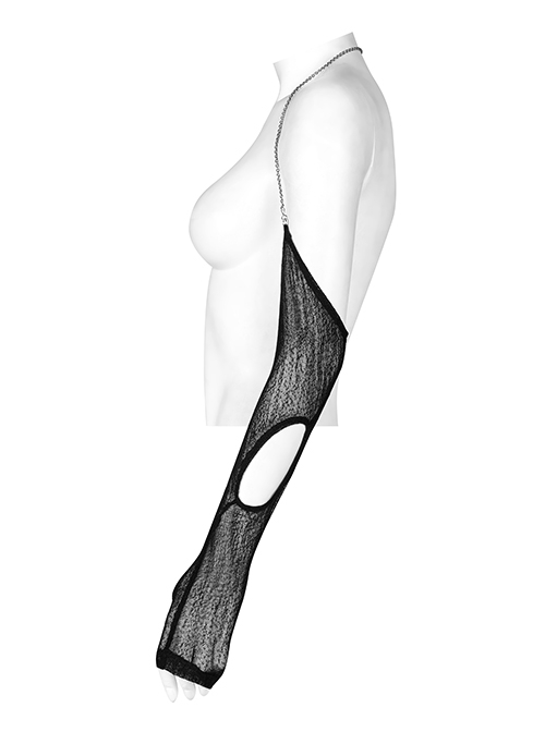 Dark Texture Mesh Fabric Dimensional Cut Open Hollow Design Metal Chain Halter Arm Sleeves