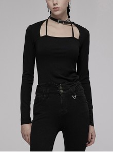 Black Stretch-Knit Cutout Sexy Fake Two-Piece Metal Buckle Necklace Decoration Long-Sleeve T-Shirt
