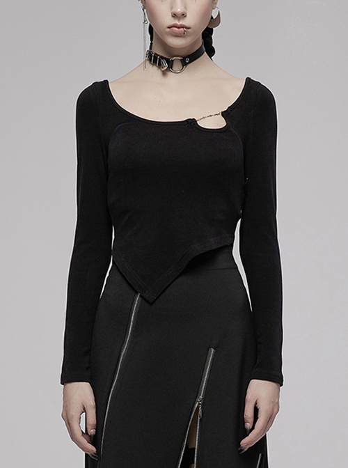 Asymmetric Hem Design Sexy Hollow Metal Cross-Chain Decoration Long Sleeve T-Shirt