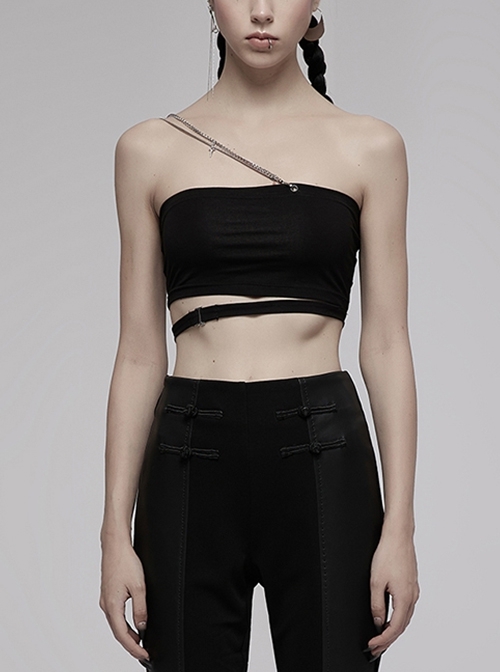 Punk Black Cotton Close-Fit Chain Knit Belt Buckle Decoration Strap Tube Top