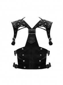 Punk Black Adjustable Leather Loop Shoulder Nailing Waistcoat