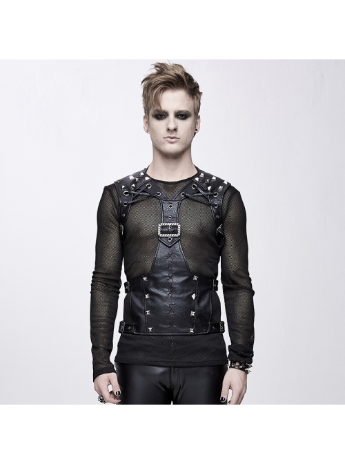 Punk Black Adjustable Leather Loop Shoulder Nailing Waistcoat