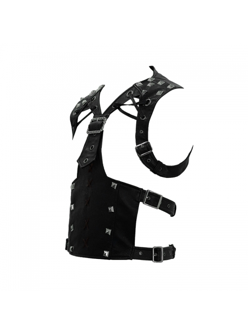 Punk Black Adjustable Leather Loop Shoulder Nailing Waistcoat