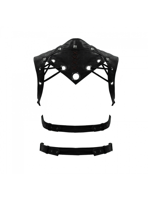 Punk Black Adjustable Leather Loop Shoulder Nailing Waistcoat