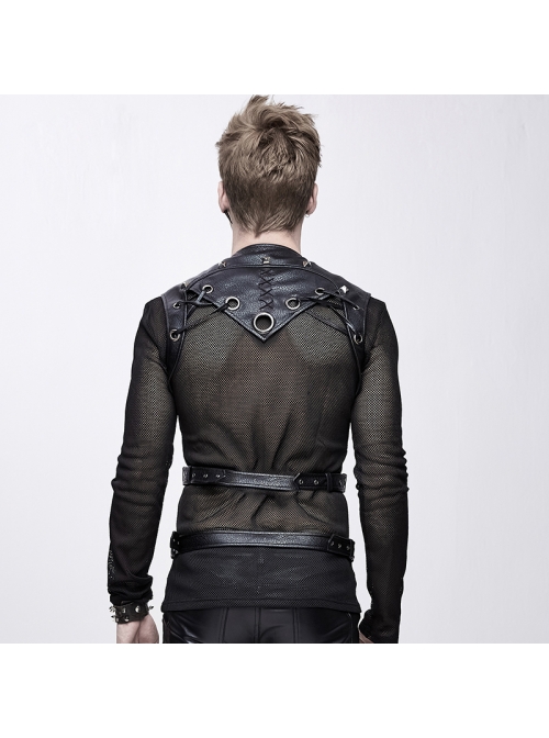 Punk Black Adjustable Leather Loop Shoulder Nailing Waistcoat