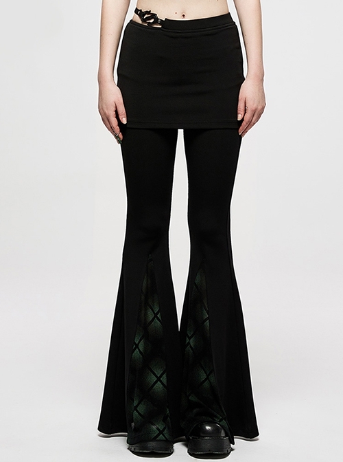 Retro Punk Style Dark Plaid Side S-Shaped Rubber Buckle Decoration Perspective Flare Pant Skirt