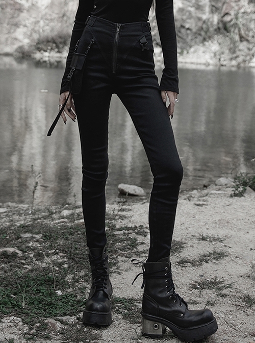 Punk Dark Functional Tooling Style Pocket Belt Trim V-Shaped Split Multiple-Wear Denim Zipper Trousers