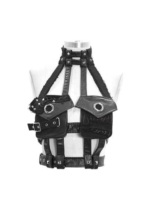 Punk Black Washed Leather Asymmetrical Mesh Pocket Distressed  Adjustable Collar