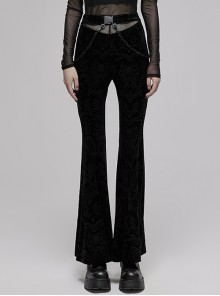 Chinese Style Dark Pattern Printed Elasticity Velvet Waist Mesh With Detachable Rubber Chain Punk Flared Pants