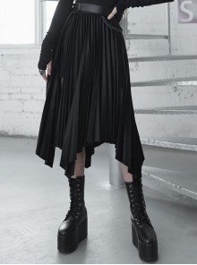 Punk Wednesday Series Dark And Elegant Printed Pleated Asymmetrical Hem Patchwork Skirt