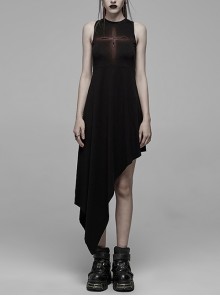 Gothic Dark Style Hollowed Out Cross Spray-Painted Asymmetric Hem Sleeveless Dress