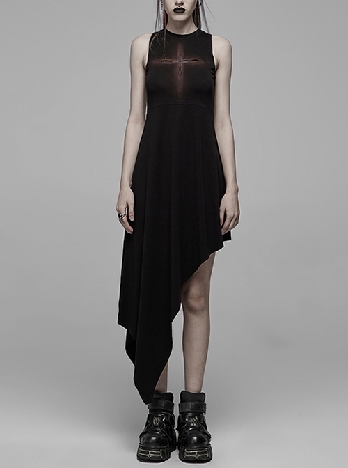 Gothic Dark Style Hollowed Out Cross Spray-Painted Asymmetric Hem Sleeveless Dress