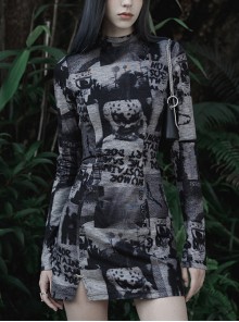 Gothic Dark Grey Digital Printed Knit Small Stand Collar Long Sleeve Dress