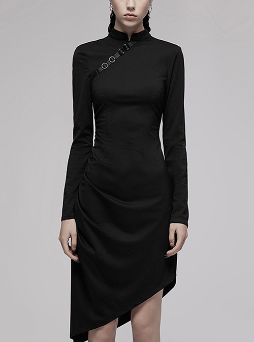 Black Punk Style Improved Cheongsam Pointed Hem Drawstring Design Cheongsam Collar Long Sleeve Long Dress