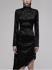 Black Punk Style Jacquard Cotton Fabric Improved Cheongsam Pointed Hem Drawstring Design Cheongsam Collar Long Sleeve Long Dress