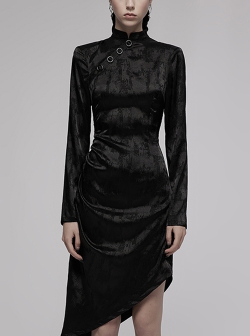 Black Punk Style Jacquard Cotton Fabric Improved Cheongsam Pointed Hem Drawstring Design Cheongsam Collar Long Sleeve Long Dress