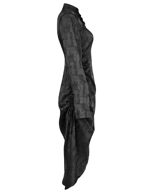 Black Punk Style Jacquard Cotton Fabric Improved Cheongsam Pointed Hem Drawstring Design Cheongsam Collar Long Sleeve Long Dress