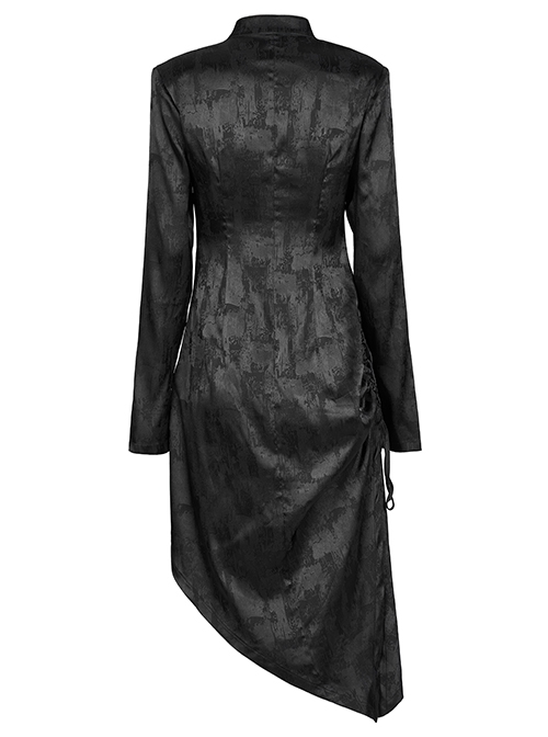 Black Punk Style Jacquard Cotton Fabric Improved Cheongsam Pointed Hem Drawstring Design Cheongsam Collar Long Sleeve Long Dress