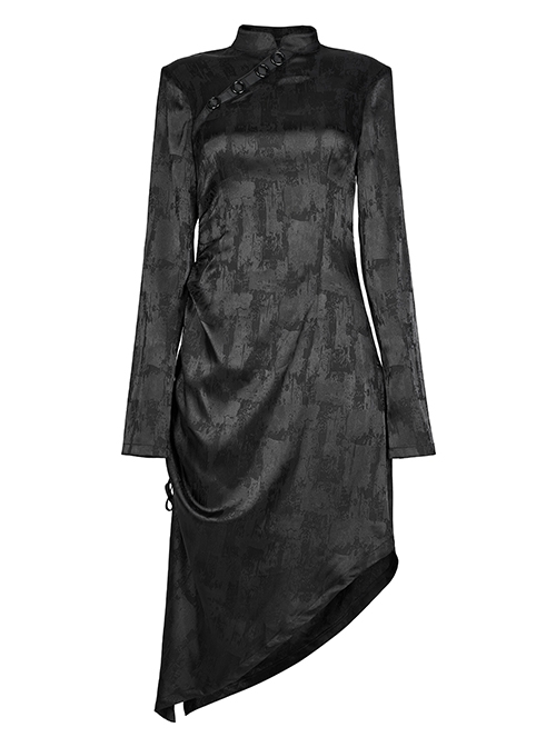 Black Punk Style Jacquard Cotton Fabric Improved Cheongsam Pointed Hem Drawstring Design Cheongsam Collar Long Sleeve Long Dress