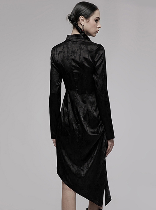 Black Punk Style Jacquard Cotton Fabric Improved Cheongsam Pointed Hem Drawstring Design Cheongsam Collar Long Sleeve Long Dress