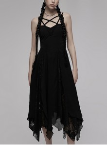 Black Double-Layer Chiffon Lace Irregular Hem Design Sling Decoration Sleeveless Dress