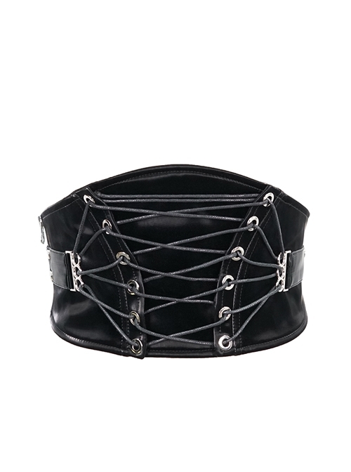 Punk Adjustable Imitation Leather Fan-shaped Lace Up Black Corset