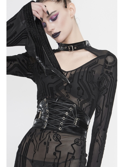 Punk Adjustable Imitation Leather Fan-shaped Lace Up Black Corset