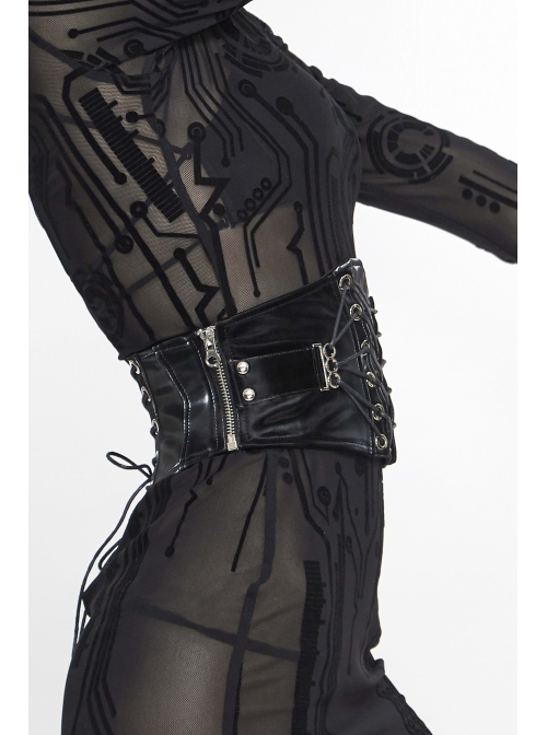 Punk Adjustable Imitation Leather Fan-shaped Lace Up Black Corset